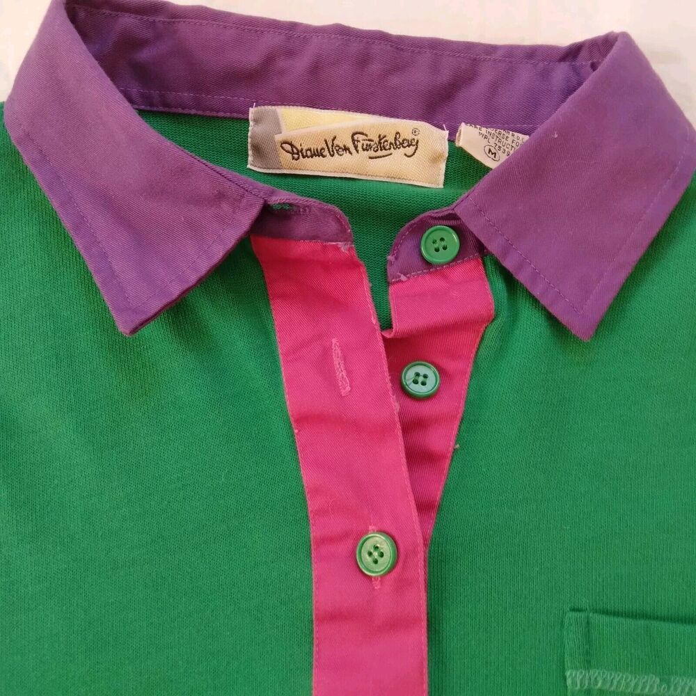 Vtg Diane Von Furstenberg 3/4 Sleeve Polo Green Purple Pink Womens Size Medium - Picture 4 of 9